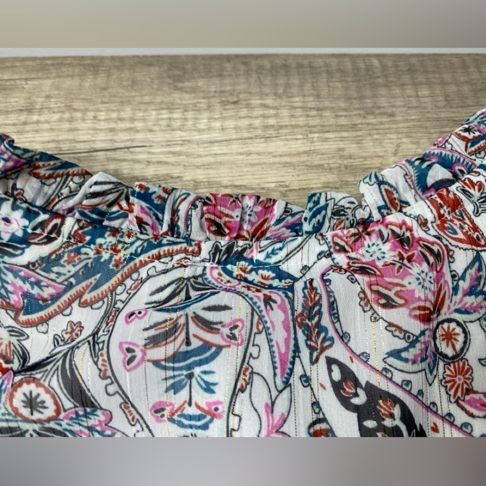 Aqua Paisley Lace Trim Top Women's S White Multi Split Tie Neck Long Sleeve - Picture 6 of 16